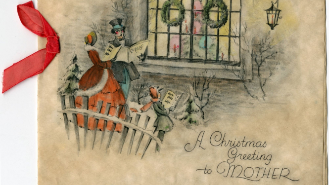 Reinholda Sutas ģimenes Ziemassvētku apsveikuma kartīte Natālijai Sutai. 1935. gada decembris.  Papīrs, tipogrāfijas druka, tinte, auduma lente. SBM kolekcija. Publicitātes foto