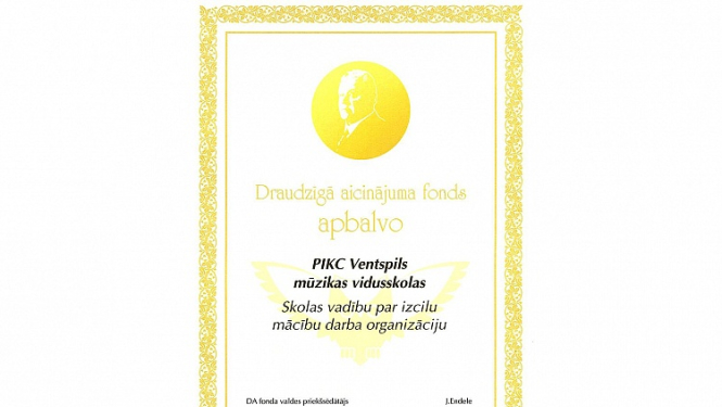 PIKC “Ventspils Mūzikas vidusskola” ieguvusi 3. vietu Draudzīgā aicinājuma skolu reitingā specializēto skolu nominācijā