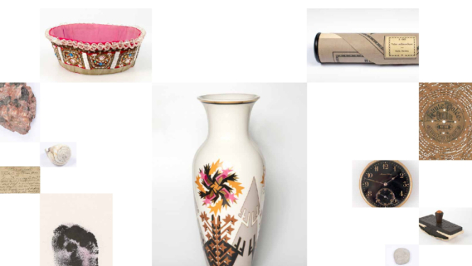 Dažādi muzeja krājuma elementi - vāze, vainags, spiedogs, tintnīca