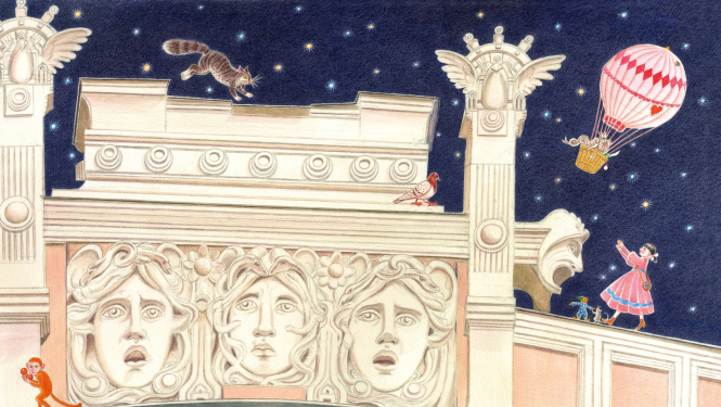 Detalizēta fantāzijas ilustrācija no bērnu grāmatas, kurā redzama nakts aina ar greznas ēkas fasādi, uz kuras staigā meitene rozā kleitā ar dzīvniekiem un rotaļlietu gaisa balons paceļas debesīs. Uz jumta kaķis lec uz baloža pusi, bet malā žonglē mazs mērkaķītis.