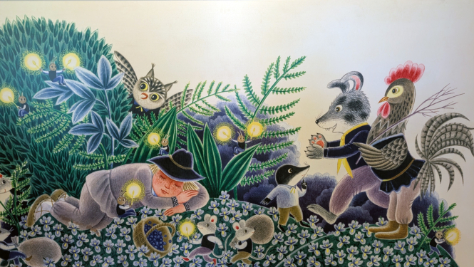 Ilustratores Anitas Paegles zīmējums ar cilvēku, pūci, gaili, suni un kurmi