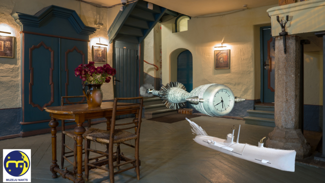 Vēsturiskas ēkas interjers ar mūsdienīgiem objektiem. Kreisajā stūrī logo ar uzrakstu "MUZEJU NAKTS".