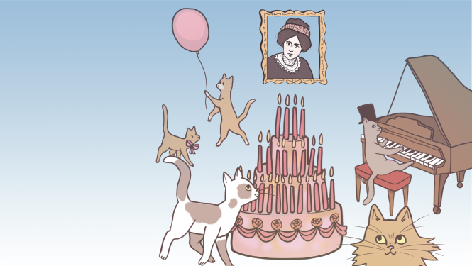 Ilustrācija - dzimšanas dienas kūka un kaķi, Aspazijas portrets pie sienas