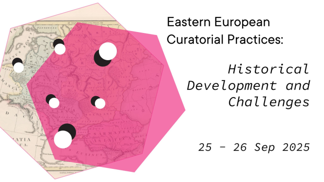 Attēls ar krāsainām figūrām un tekstu - Starptautiskais simpozijs “Austrumeiropas kuratoriālās prakses – attīstība un izaicinājumi”, 25-26. septembris
