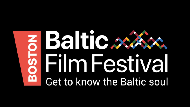 Bostonas Baltijas filmu festivāls - festivāla logo ar tekstu "Boston Baltic film festival" uz melna fona