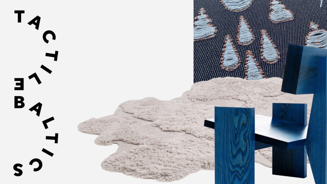 Izstādes publicitātes attēls ar izstādes darbu elementiem un teksu "Tactile Baltics”