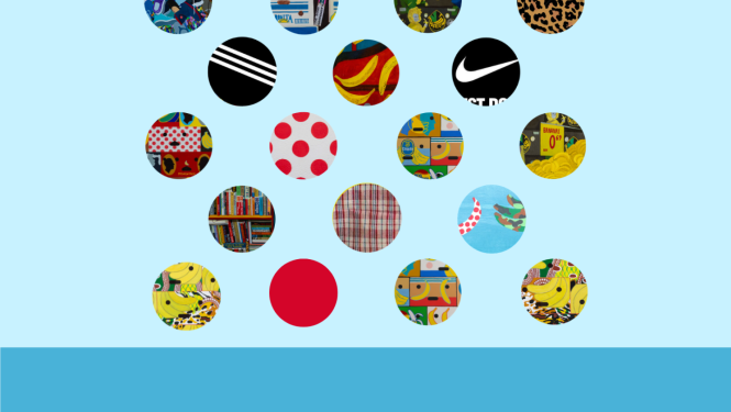 Izstādes afiša - mazi apaļi kolāžas elementi uz gaiši zila fona