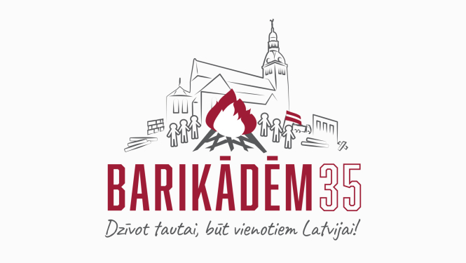 "Barikādēm 35" logo ar Doma baznīcas, ugunskura un cilvēku figūru siliuetiem