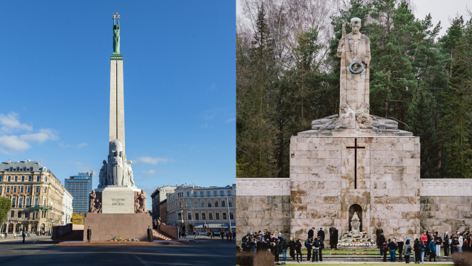 Kolāžas no diviem foto - Brīvības piemineklis un Rīgas Brāļu kapu kapu ansamblis