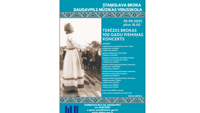 Diriģentes Terēzes Brokas fotogrāfija, uz afišas teksts: Terēzes Brokas 100 gadu piemiņas koncerts