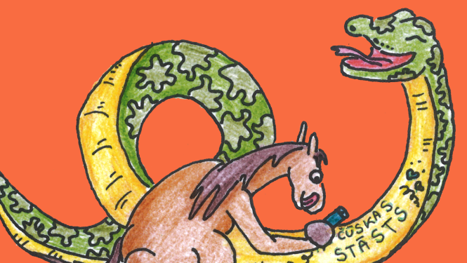 Ilustrācija ar čūsku un zirgu, kas kutina čūskai vēderu