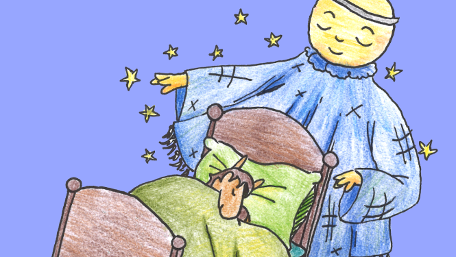 Zīmējums ar zirgu šūpuļgultiņā, aiz kuras stāv stilizēts Miedziņa tēls