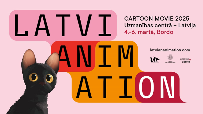 Attēls ar kaķi no animācijas filmas "Straume" un teksts: Latvian animation, Cartoon Movie 2025