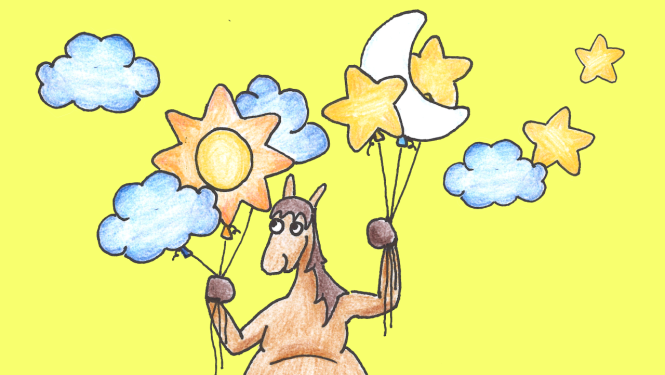 Zīmēta ilustrācija ar zirgu, zvaigznēm un mākoņiem