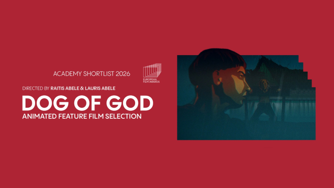 Filmas "Dieva suns" īsā saraksta nominācijas attēls Eiropas Kinoakadēmijas balvai ar filmas kadru un nosaukumu angļu valodā "DOG OF GOD"