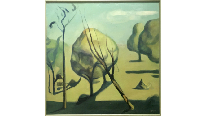 Biruta Delle, darbs "Pamestais dārzs". 2006. Audekls, eļla.