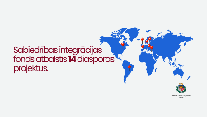 Pasaules kartē iezīmēti punkti un teksts: Sabiedrības integrācijas fonds atbalstīs 14 diasporas projektus