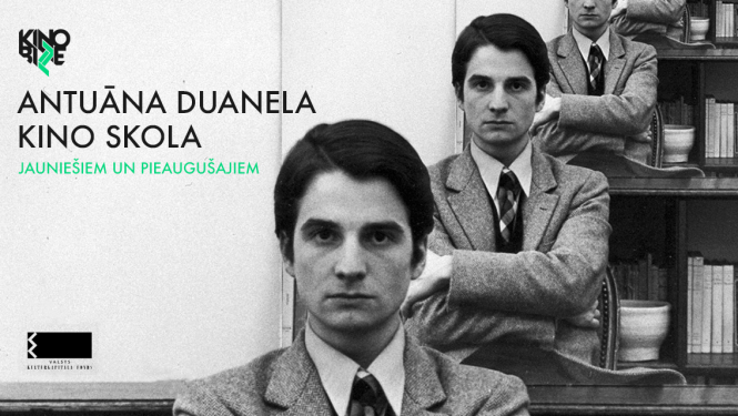 Kadrs ar melnbaltu vīrieša portretu 3 attālumos, uzraksts: Antuāna Duanela Kino skola