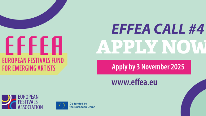 vizuālais materiāls Eiropas Festivālu Asociācijas rezidenču konkursam. Vizuālā materiāla fons ir gaiši zaļš, uz tā iz izvietots teksts "EFFEA ceturtais uzsaukums - pieteicies!" un "pieteikumu iesniegšanas termiņš - 3. novembris", kā arī EFFEA, EFA un ES logotipi