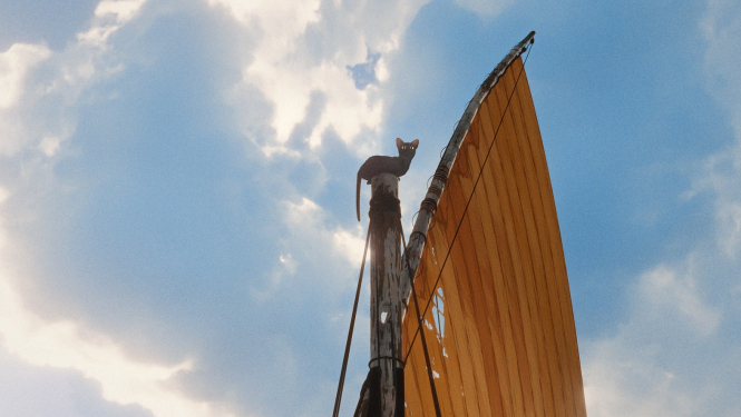 Kadrs no Ginta Zilbaloža animācijas filmas “Straume” materiāla - kaķis kuģa mastā