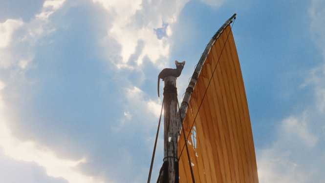 Screenshot from the film "Flow" - cat on the ship