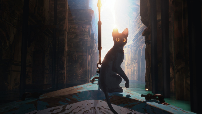 Ekrānšāviņš no filmas materiāla - melns kaķis sēž uz kuģa priekšgala