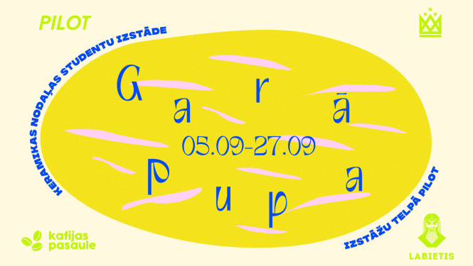 Plakāts ar dzeltenu ovālu krāsas laukumu un uzrakstu “Garā Pupa” - Latvijas Mākslas akadēmijas Keramikas specialitātes studentu izstāde eksperimentālajā mākslas telpā PILOT