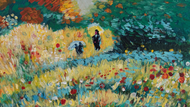 Glezna ar ziedu lauku un diviem cilvēkiem tālumā, autore - Bella Birule