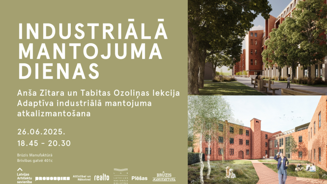 Industriālā mantojuma dienas afiša Anša Zītara un Tabitas Ozoliņas lekcijai "Adaptīva industriālā mantojuma atkalizmantošana"