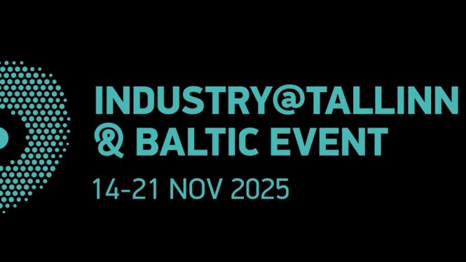 Zilganzaļš teksts uz melna fona "Industry @Tallinn & Baltic event, 14.-21. nov 2025"