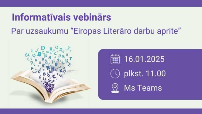 Vizuālais materiāls pasākumam "Vebinārs par Eiropas Literāro darbu aprites konkursu" , kas attēlo grāmatu uz gaiši zaļā fona kopā ar informatīvo tekstu par pasākuma norisi
