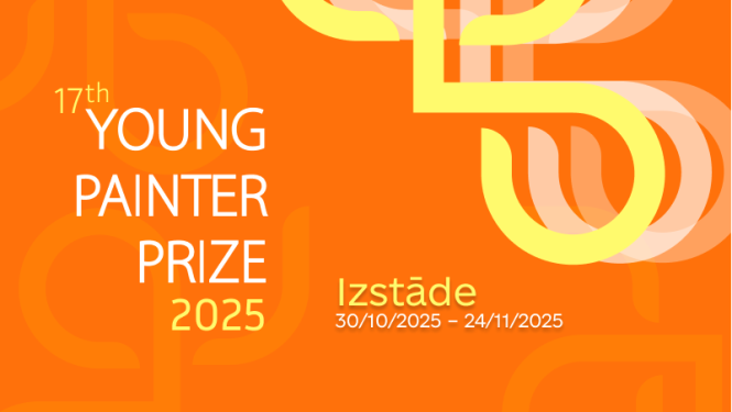 Starptautiskā jauno gleznotāju konkursa afiša ar gaišu uzrakstu “The Young Painter Prize 2025”