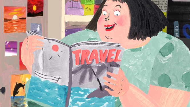 Kadrs no animācijas īsfilmas Kiosks (2013) - kioska pārdevēja lasa ceļojumu katalogu