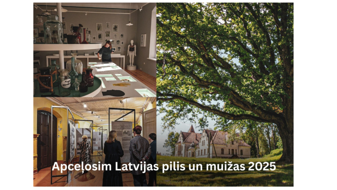 Kolāža ar aicinājumu: "Apceļosim Latvijas pilis un muižas 2025"