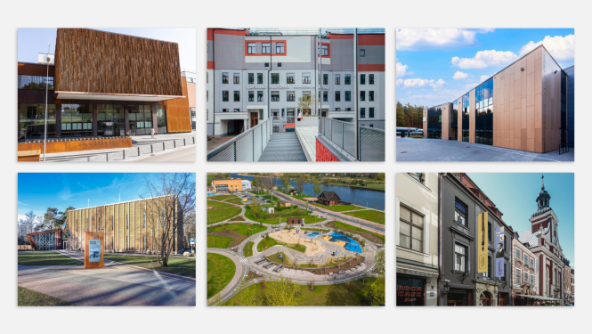 Kolāža ar Valmieras teātra ēku, TabFab, LNOB darbnīcu kompleksu, Piejūras brīvdabas muzeja, Pilssalas teritoriju un Latvijas Nacionālā rakstniecības un mūzikas muzeja ēkām