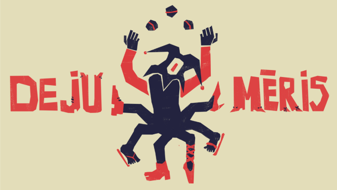 Ilustrācija Latvijas Mākslas akadēmijas 86. karnevālam - dejojoša figūra ar tekstu "Deju mēris"