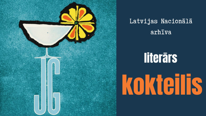Virtuālās izstādes “Sava ceļa gājējs – Jaunā Gaita” afiša ar zīmētu kokteiļa glāzi un apelsīna šķēlīti
