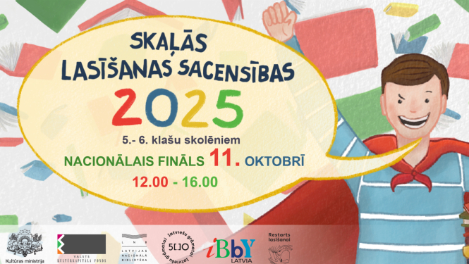 Krāsaina afiša ar zēna ilustrāciju supervaroņa tērpā - Skaļās lasīšanas sacensības 2025"