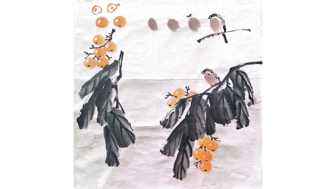 Ilustrācija ar koku zariem, lapām un putniem