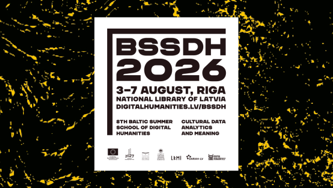 Tumšs fons ar zeltainiem abstraktiem rakstiem, centrā gaišs teksta bloks ar informāciju par pasākumu un organizatoru logotipiem, galvenais teksts: “BSSDH 2026”