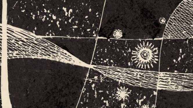 Darbs no izstādes “Dzidra Ezergaile. Kosmoss un ekslibri”, melnbalts grafikas tehnikā radīts darbs