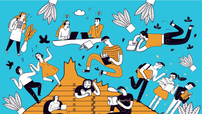 Ilustrācija ar dažādiem cilvēciņiem, kas apgūst jaunas zināšanas