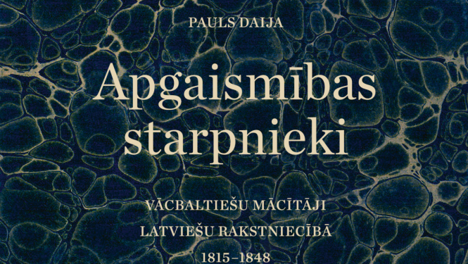 Darba nosaukums “Apgaismības starpnieki: Vācbaltiešu mācītāji latviešu rakstniecībā. 1815–1848” uz raiba tumša fona