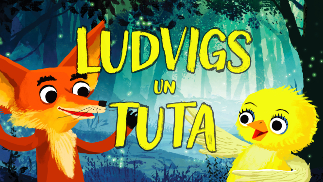 Muzikālās leļļu komēdijas “Ludvigs un Tuta” ilustrācija ar lapsu un cāli