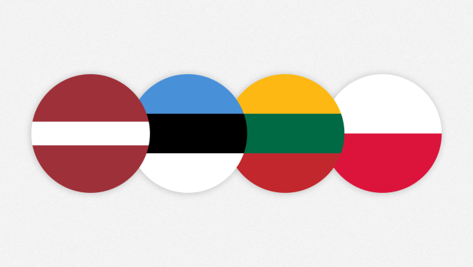 Latvijas, Igaunijas, Lietuvas un Polijas karogu fragmenti izkārtoti viens otram blakus uz gaiša fona