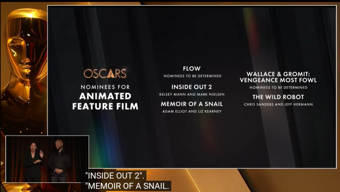 Ekrānšāviņš no nomināciju paziņošanas kategorijā „Labākā pilnmetrāžas animācijas filma”