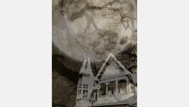 Stilizēts attēls ar Raiņa un Aspazijas vasarnīcas siluetu un mēness figūru