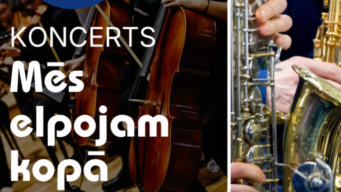 Kolāža no foto ar saksofoniem un teksts: Koncerts MĒS ELPOJAM KOPĀ