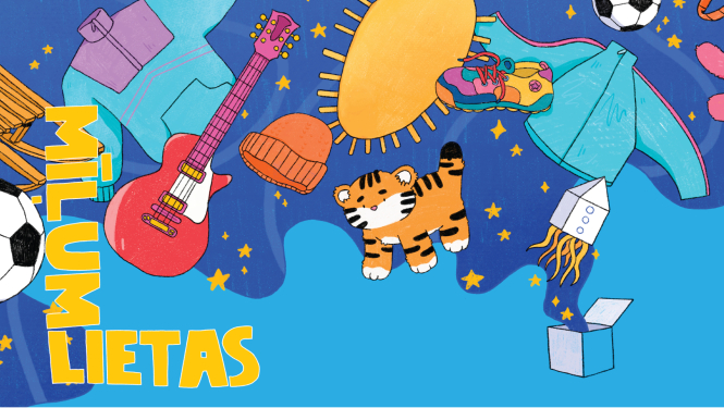 Izrādes “Mīļumlietas” plakāts ar dažadām bērnu rotaļlietām