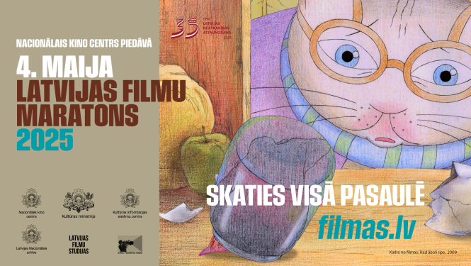 Animācijas tēls, kaķis un uzraksts: 4. maija Latvijas filmu maratons 2025